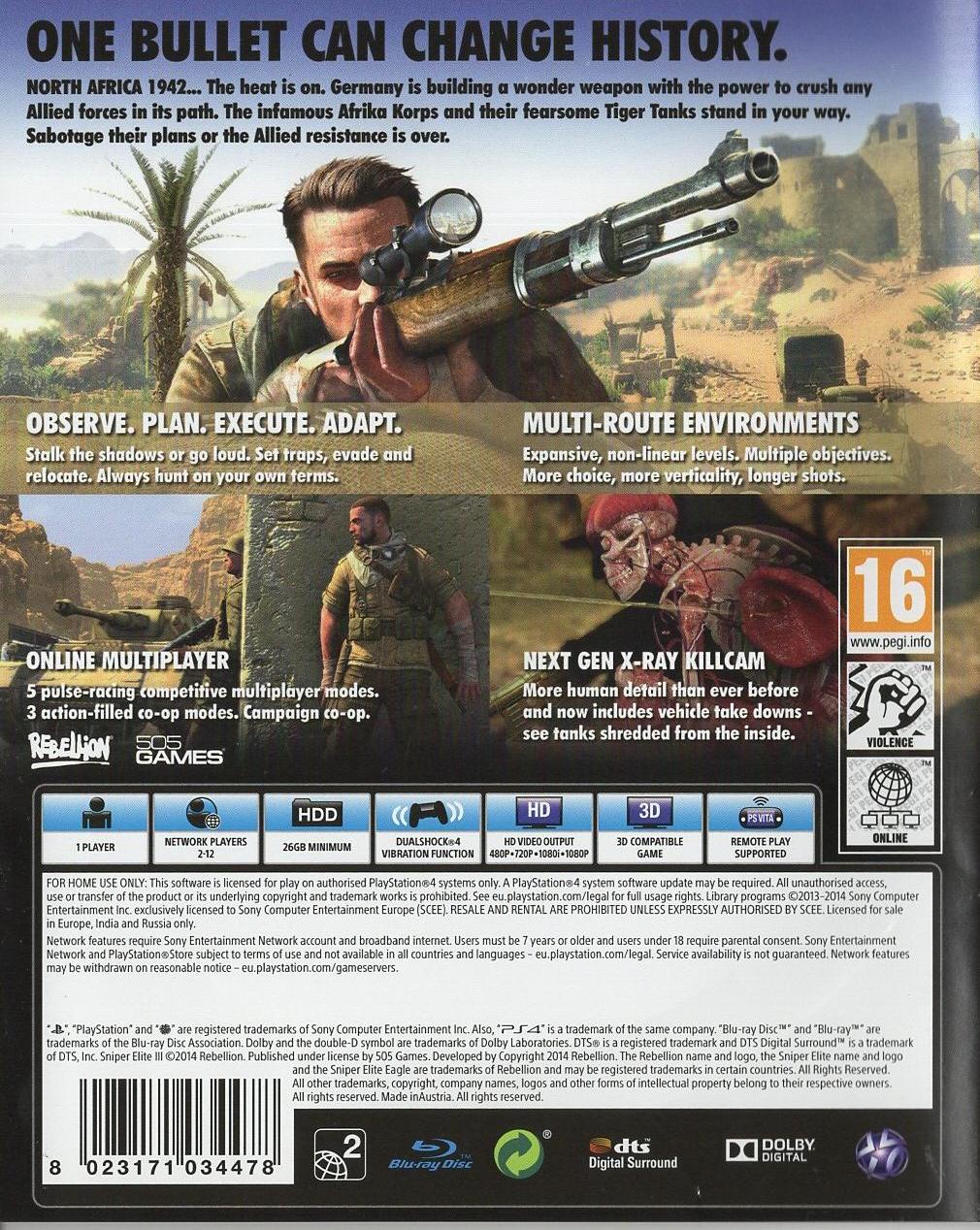 Sniper Elite III - PlayStation 4 Rückseite