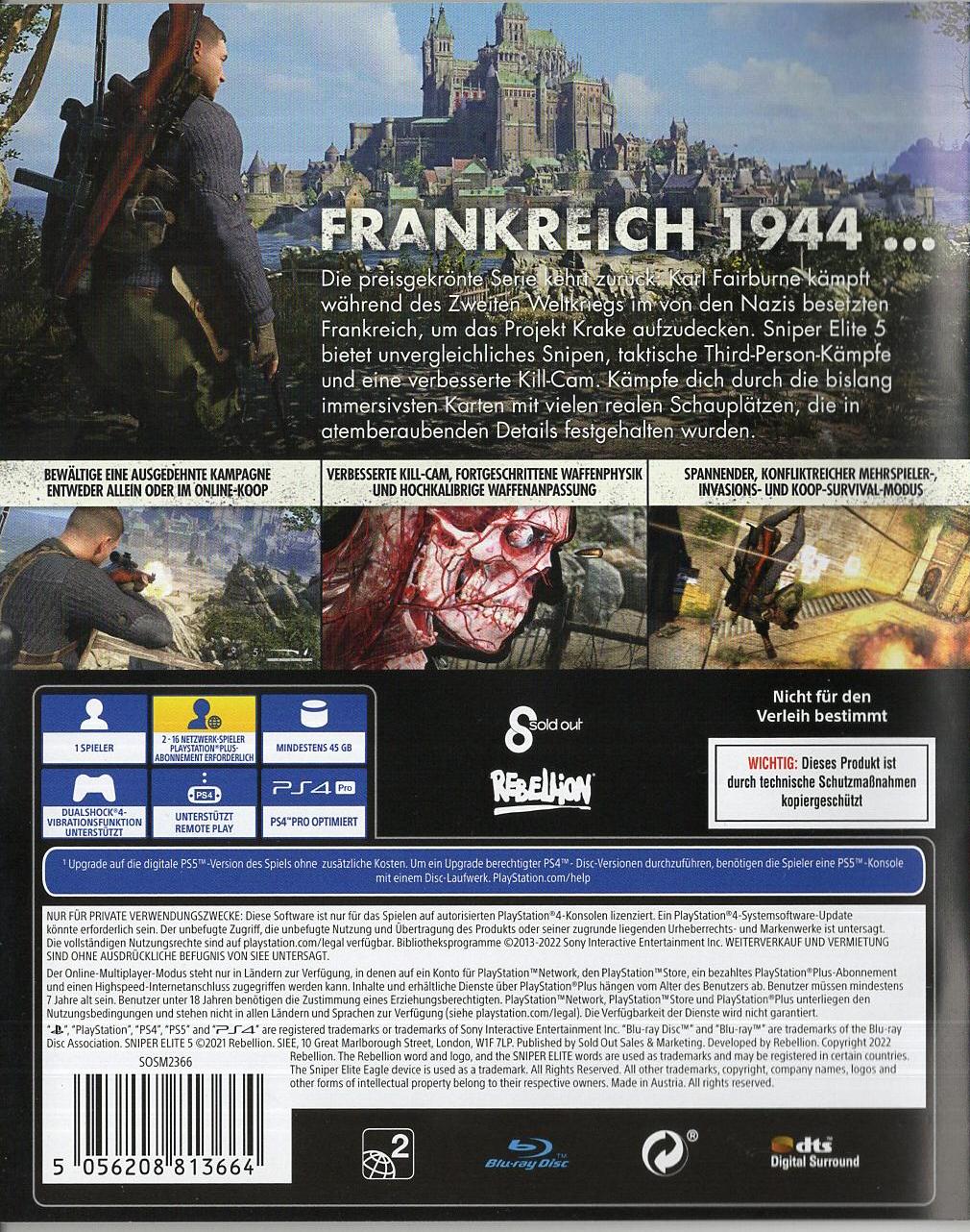 Sniper Elite 5 - PlayStation 4 Rückseite