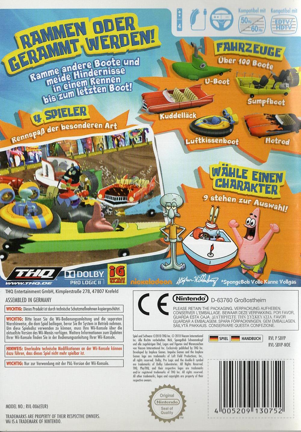 SpongeBob Schwammkopf: Volle Kanne Vollgas - Nintendo Wii Rückseite