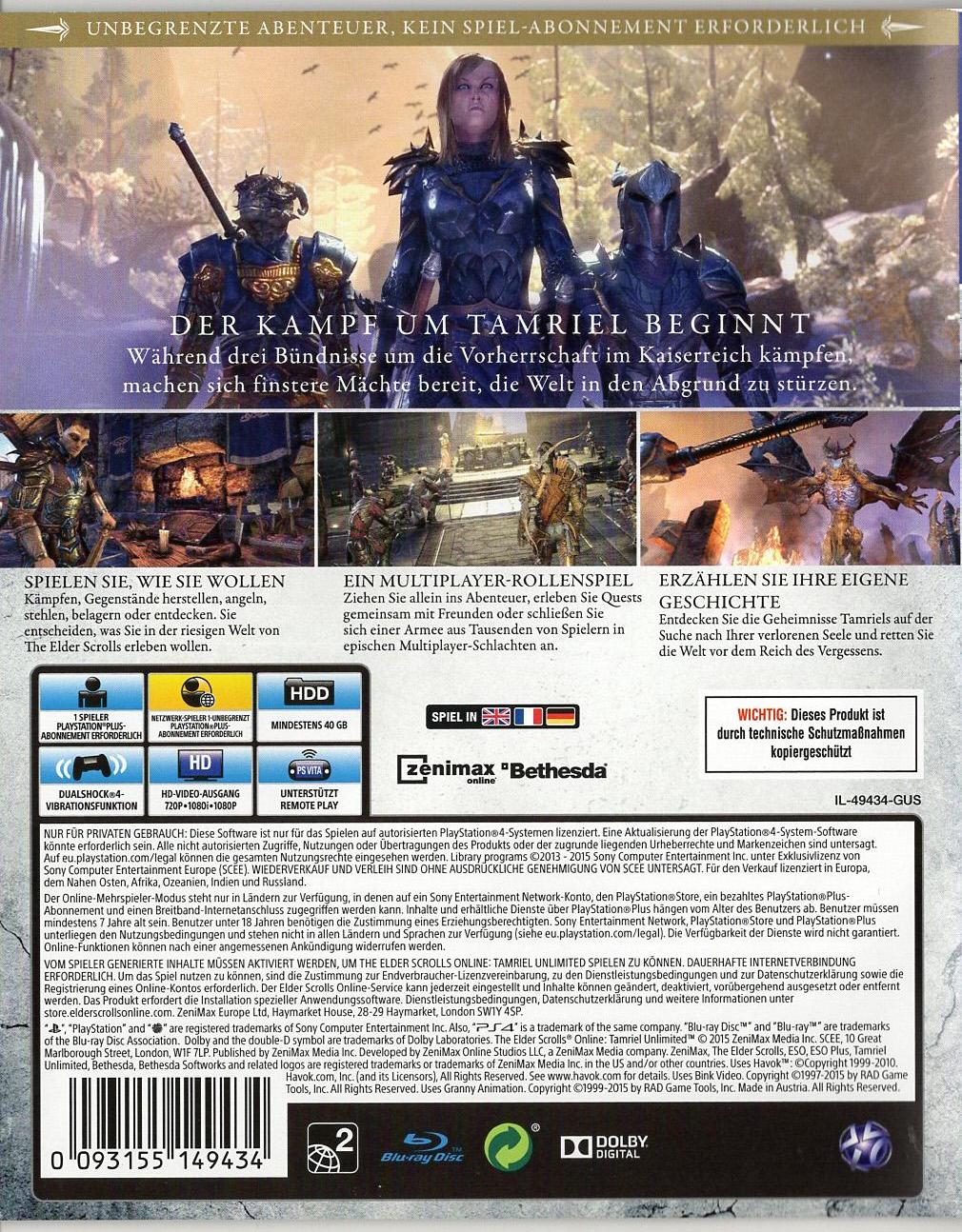 The Elder Scrolls Online: Tamriel Unlimited - PlayStation 4 Rückseite