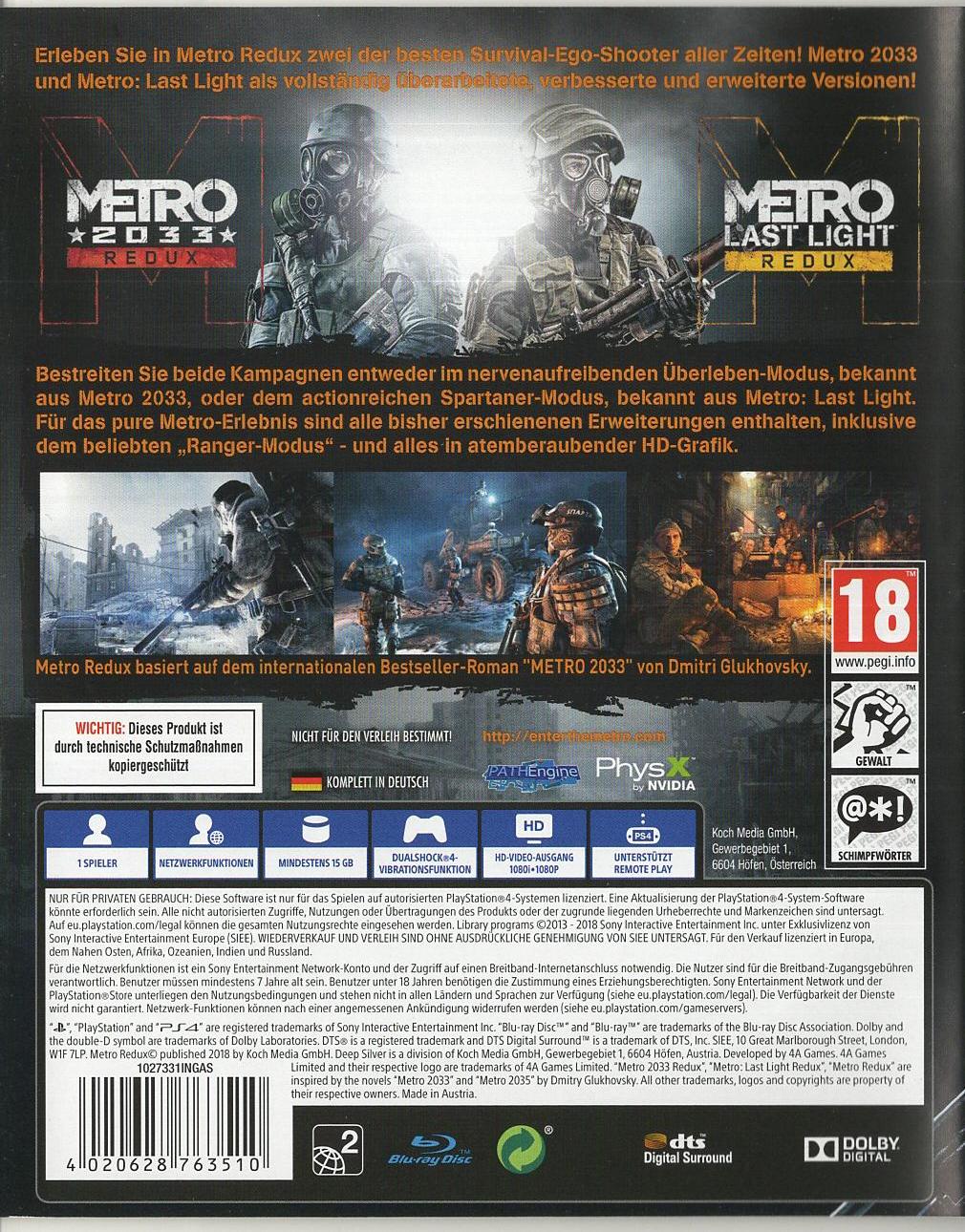 Metro Redux - PlayStation 4 Rückseite