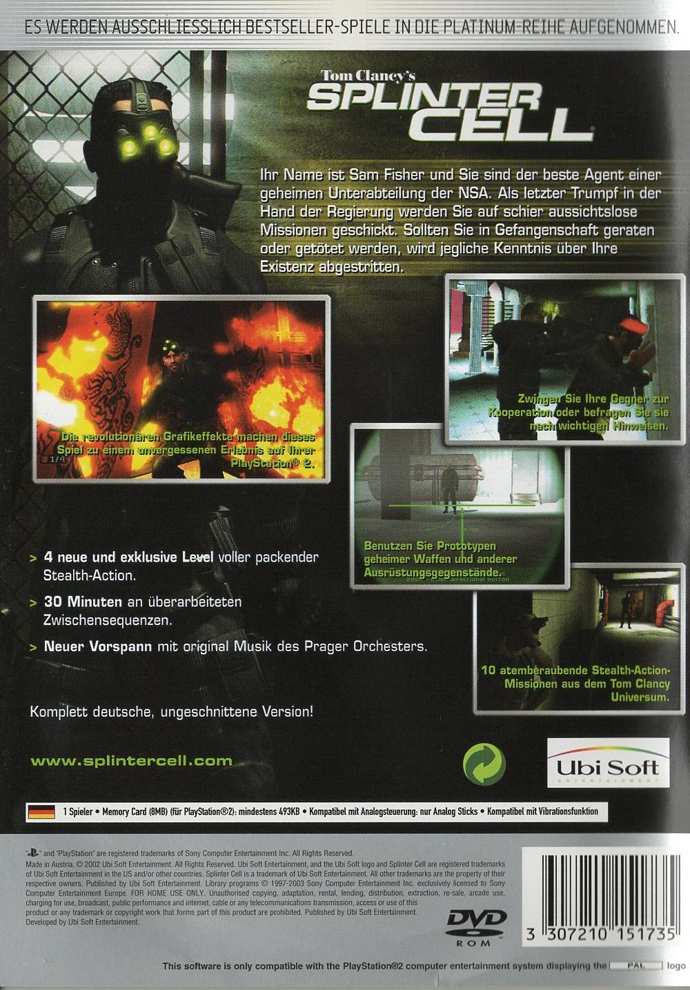 Tom Clancy's Splinter Cell - PlayStation 2 Rückseite