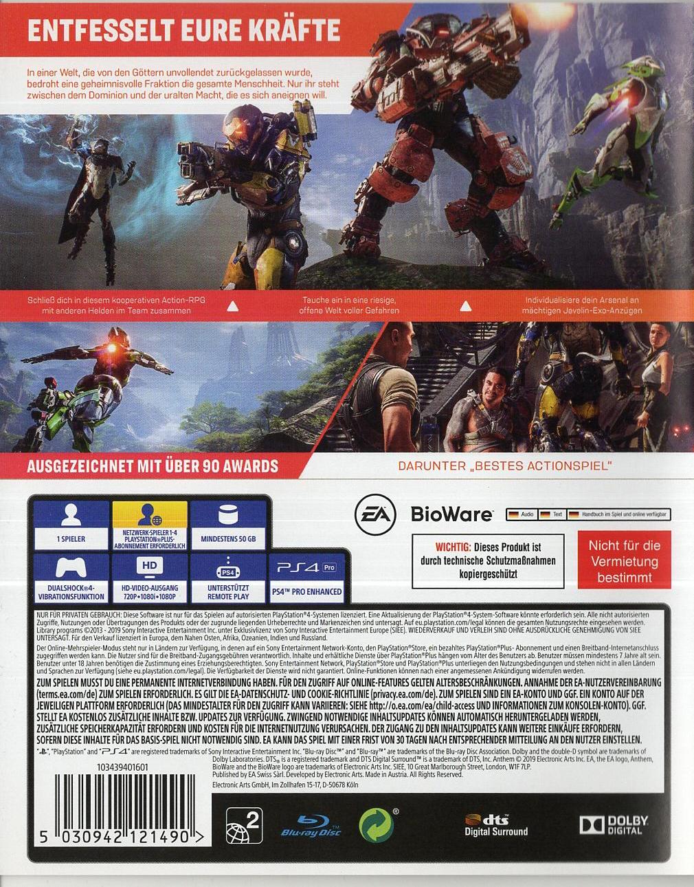 Anthem - PlayStation 4 Rückseite