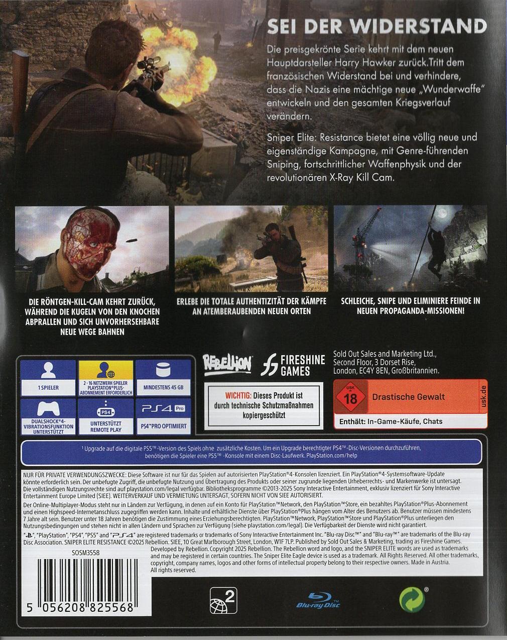 Sniper Elite: Resistance - PlayStation 4 Rückseite