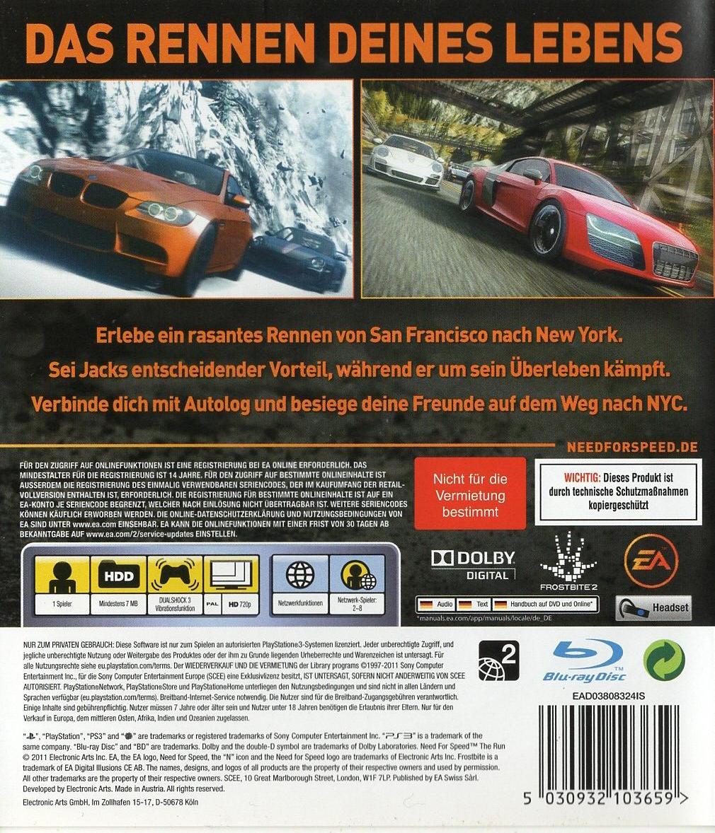 Need for Speed: The Run - PlayStation 3 Rückseite