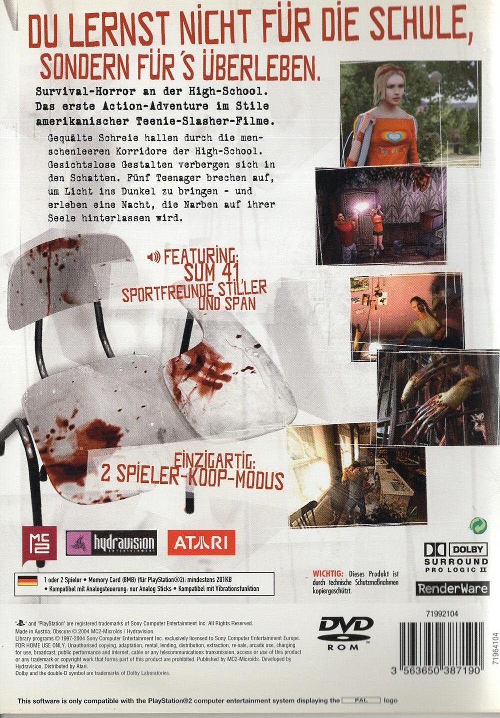 Obscure - PlayStation 2 Rückseite