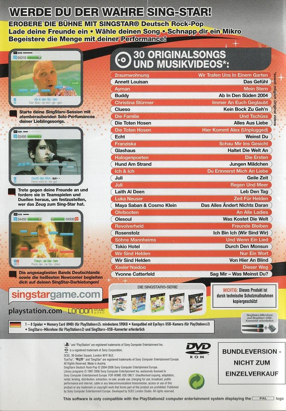 SingStar Deutsch Rock-Pop - PlayStation 2 Rückseite