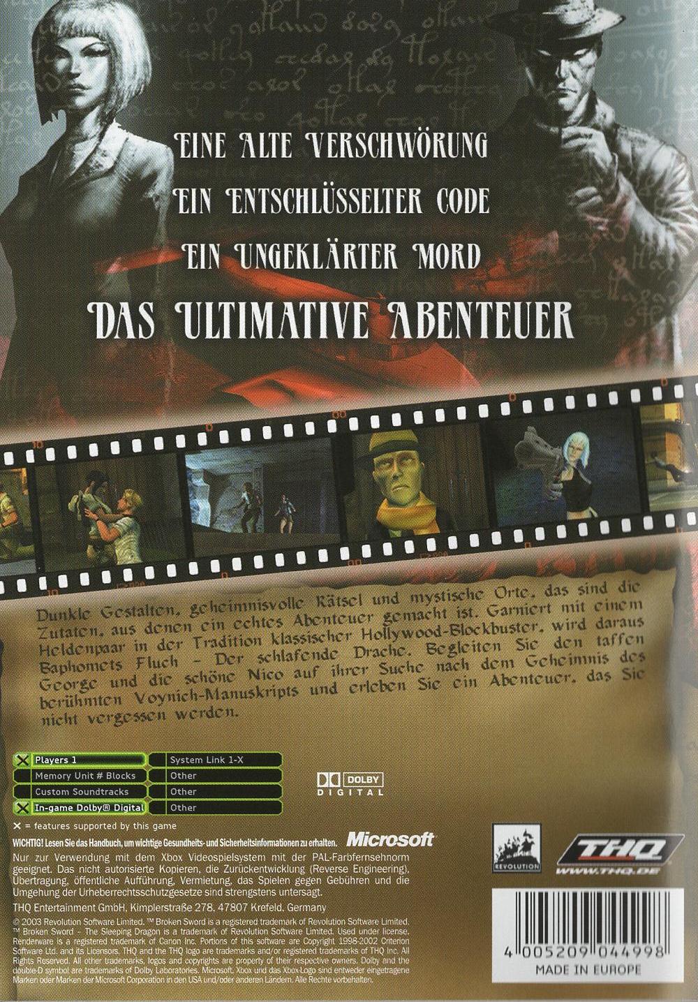 Baphomets Fluch: Der schlafende Drache - Xbox Rückseite