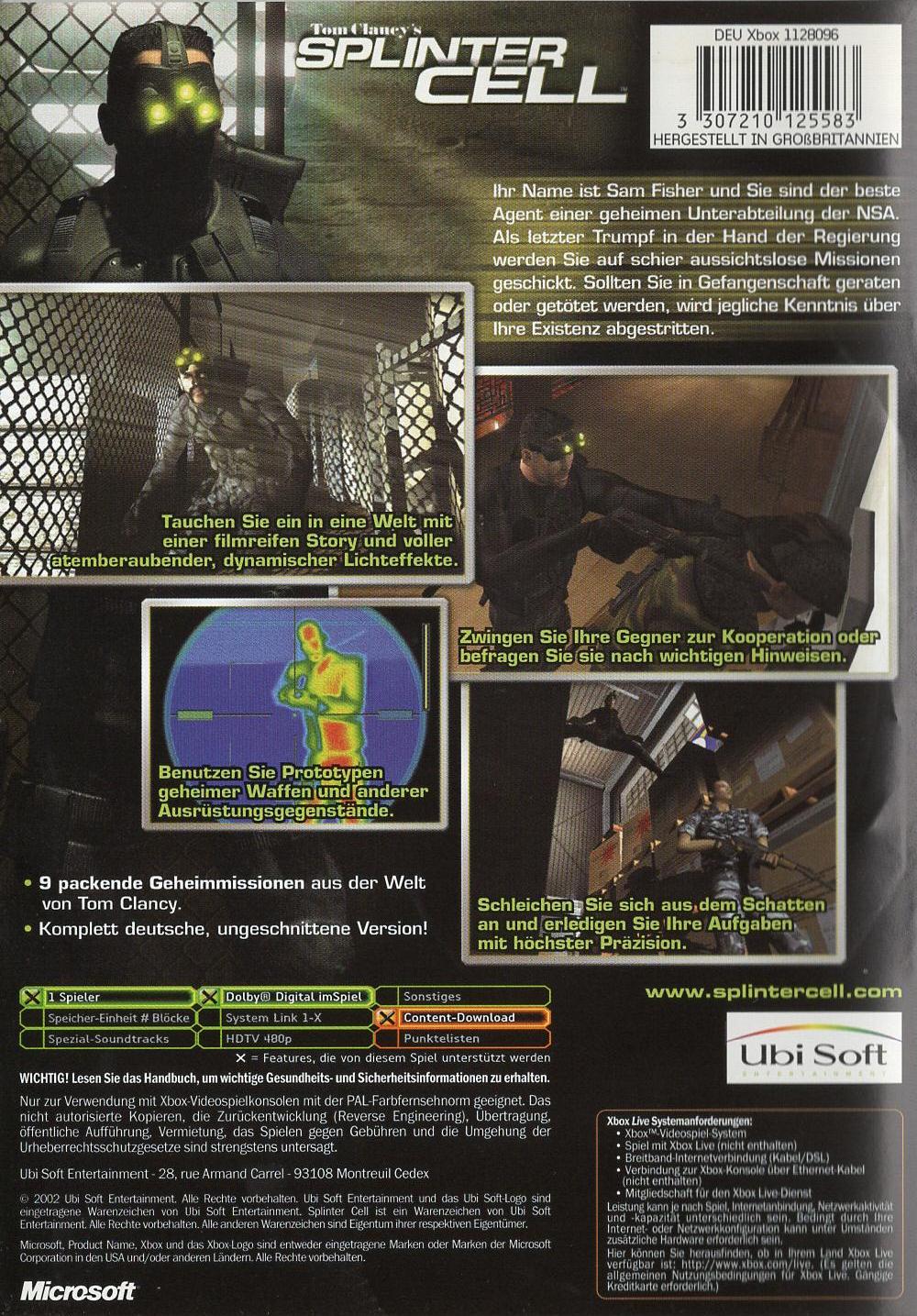 Tom Clancy's Splinter Cell - Xbox Rückseite