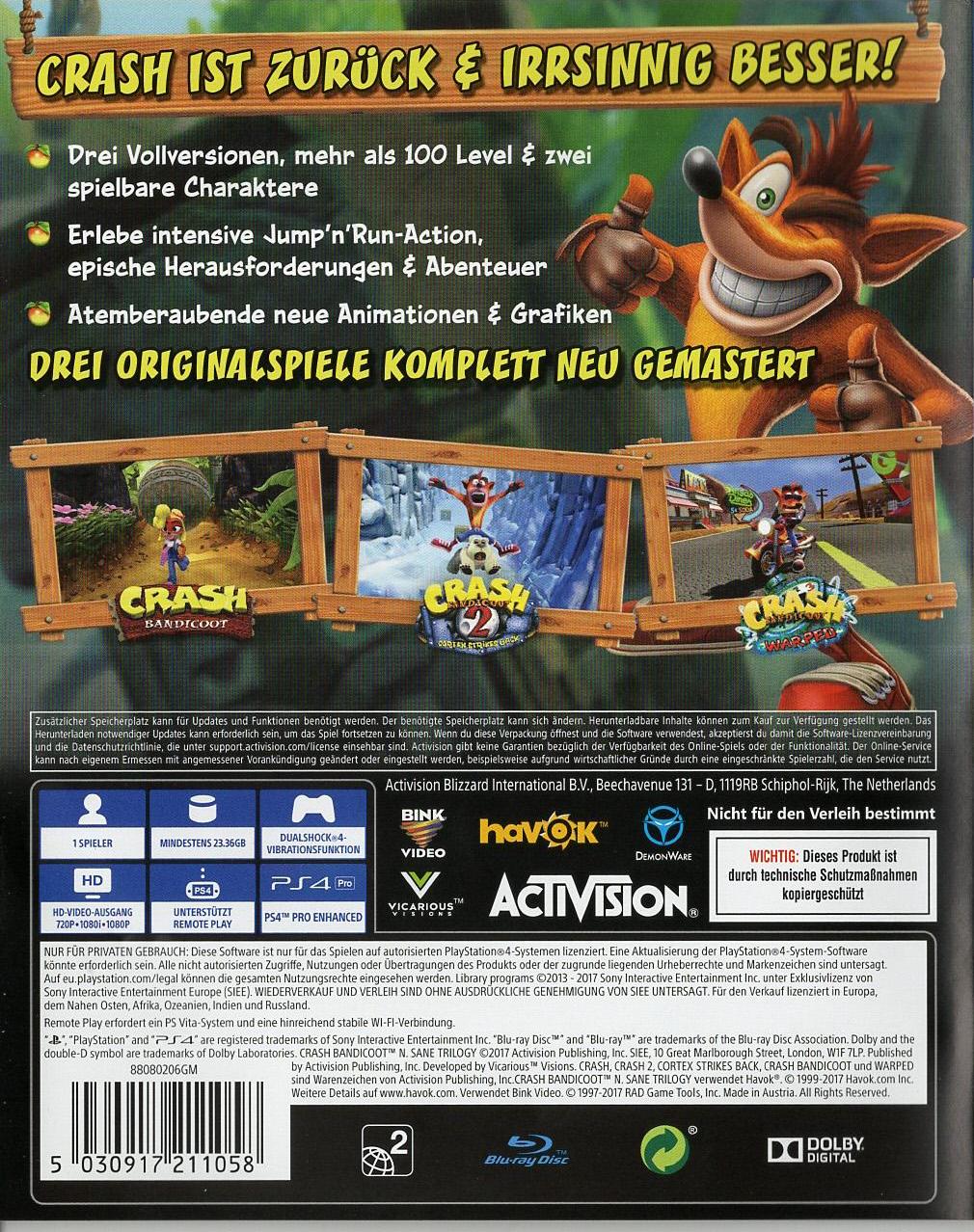 Crash Bandicoot N. Sane Trilogy - PlayStation 4 Rückseite