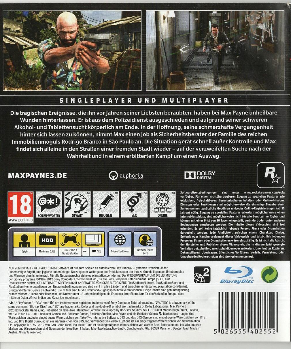 Max Payne 3 - PlayStation 3 Rückseite