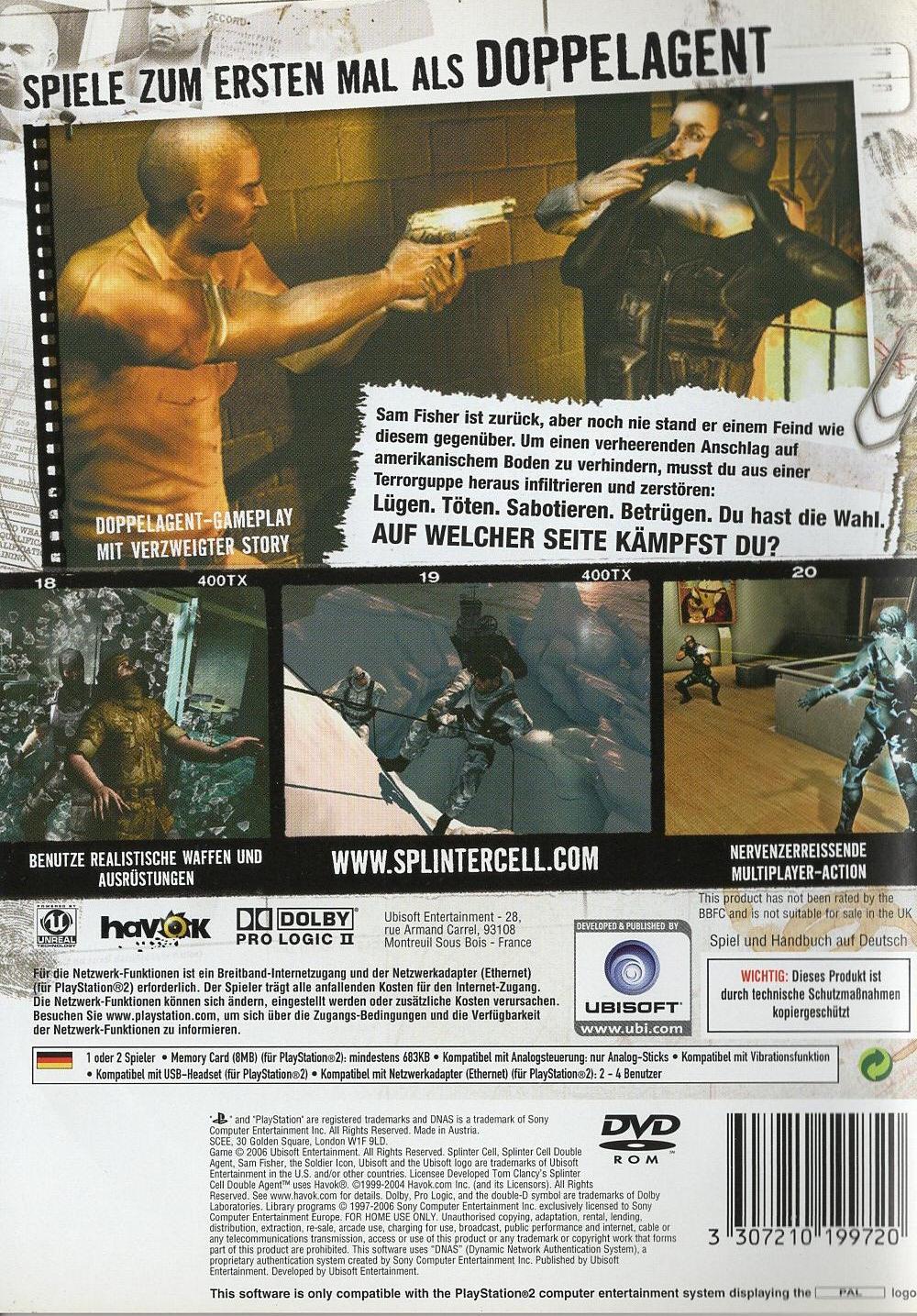 Tom Clancy's Splinter Cell Double Agent - PlayStation 2 Rückseite