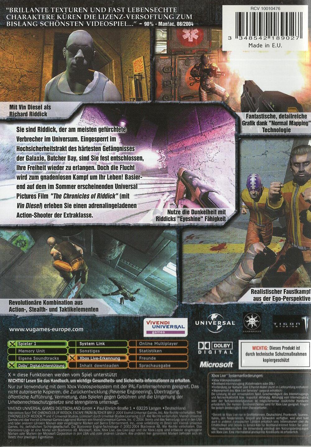 The Chronicles of Riddick: Escape from Butcher Bay - Xbox Rückseite