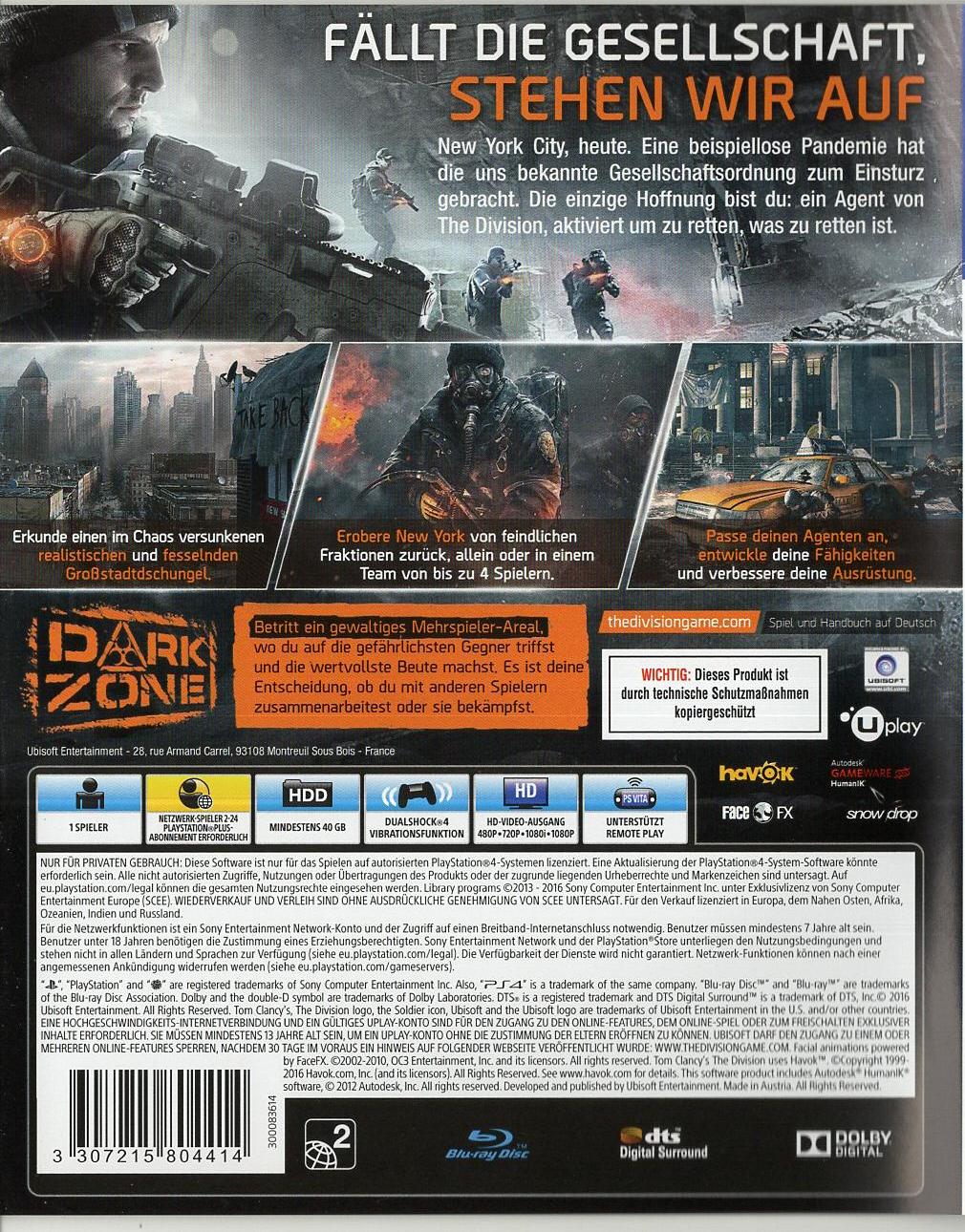 Tom Clancy's The Division - PlayStation 4 Rückseite
