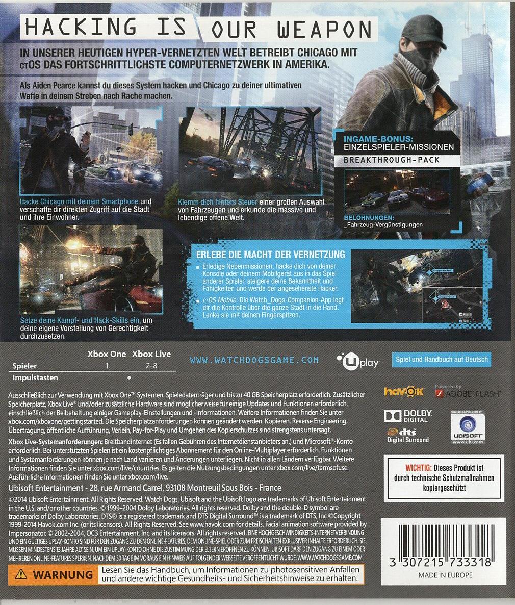 Watch Dogs - Xbox One Rückseite