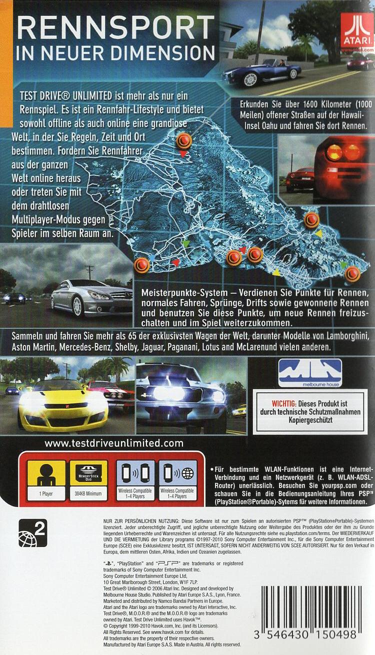 Test Drive Unlimited - PlayStation Portable Rückseite