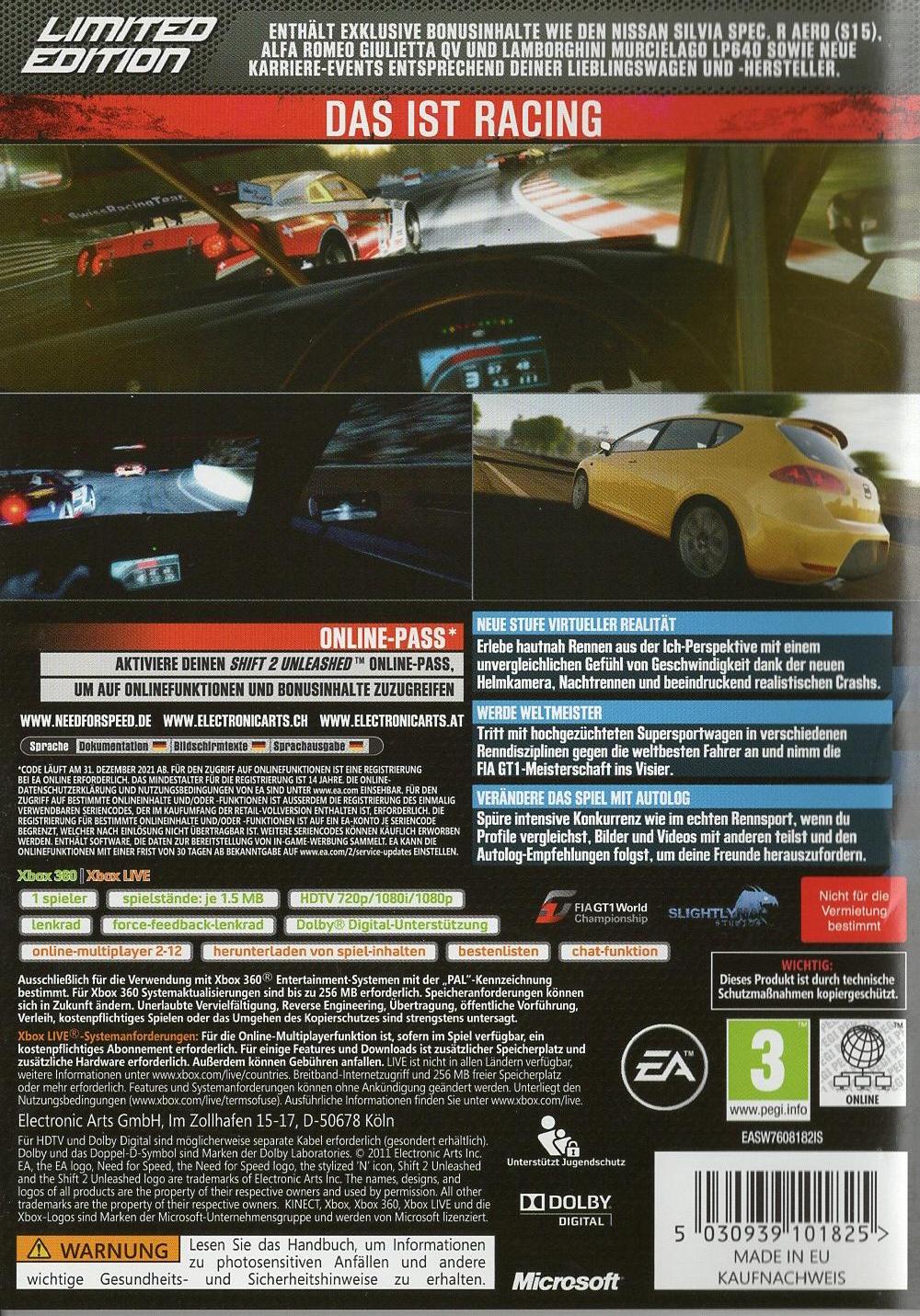Shift 2 Unleashed - Xbox 360 Rückseite