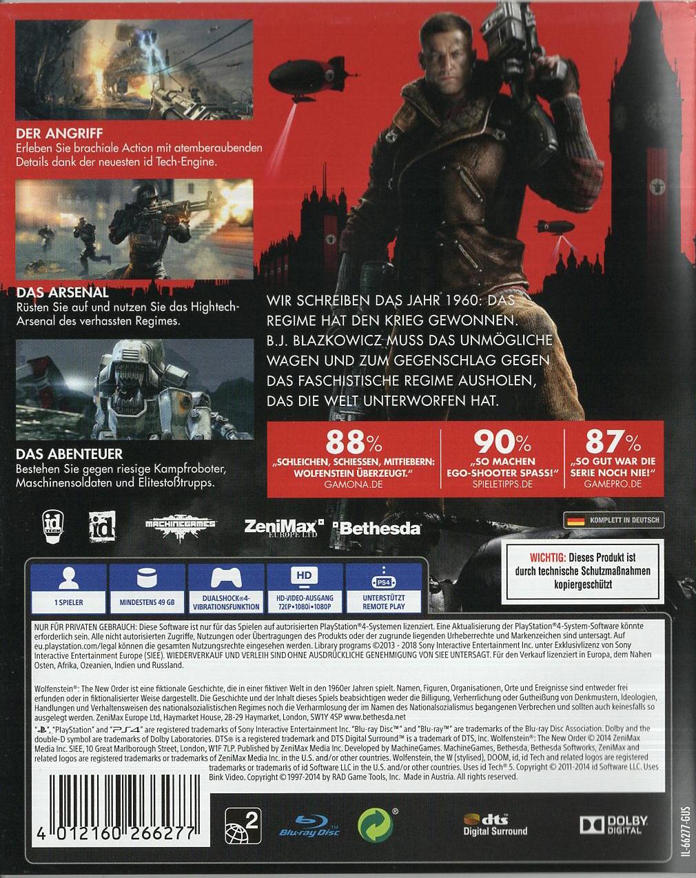 Wolfenstein: The New Order - PlayStation 4 Rückseite