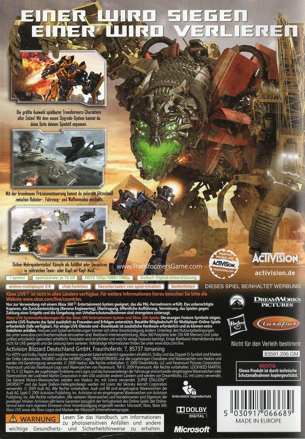 Transformers: Die Rache - Xbox 360 Rückseite
