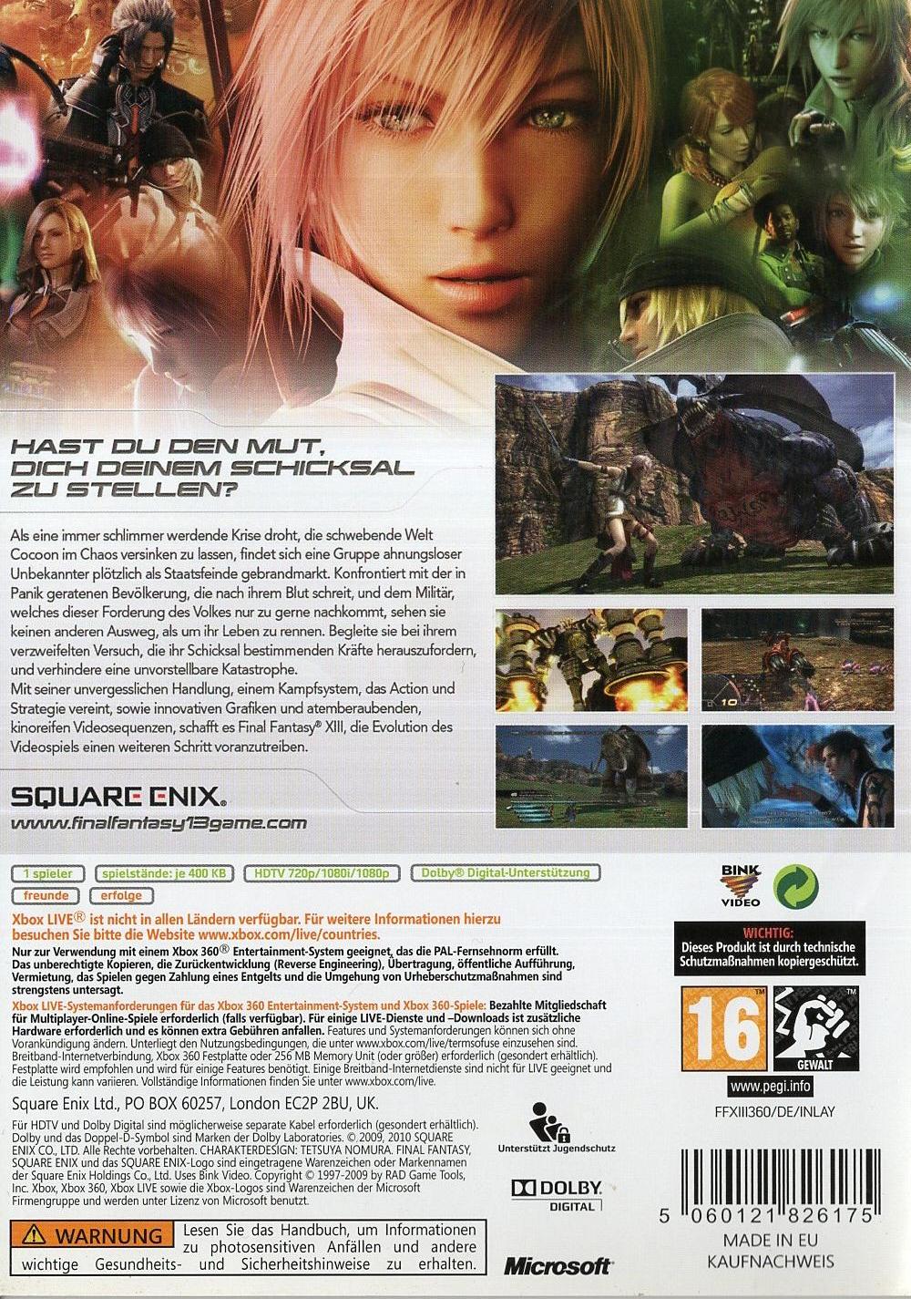 Final Fantasy XIII - Xbox 360 Rückseite