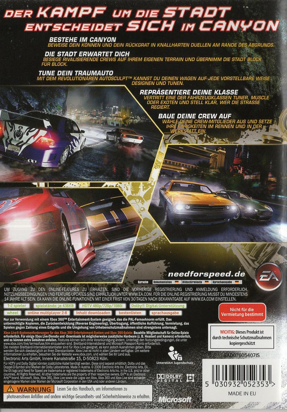 Need for Speed Carbon - Xbox 360 Rückseite