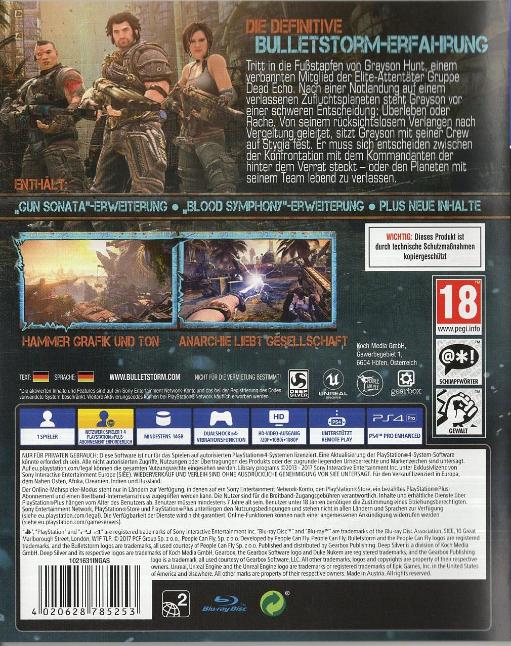 Bulletstorm: Full Clip Edition - PlayStation 4 Rückseite