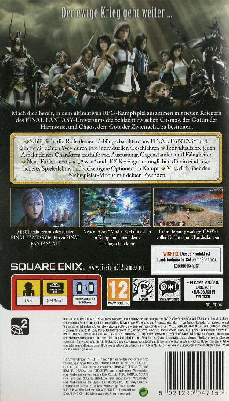 Dissidia 012 [duodecim] Final Fantasy - PlayStation Portable Rückseite