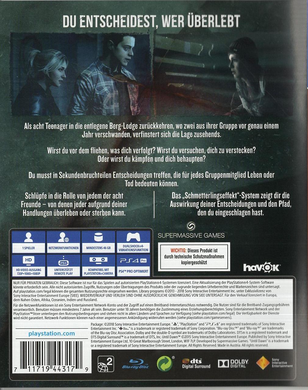 Until Dawn - PlayStation 4 Rückseite