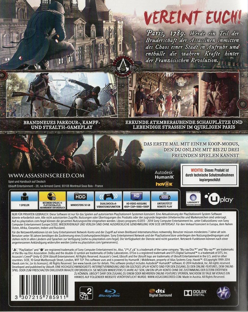 Assassin's Creed Unity - PlayStation 4 Rückseite