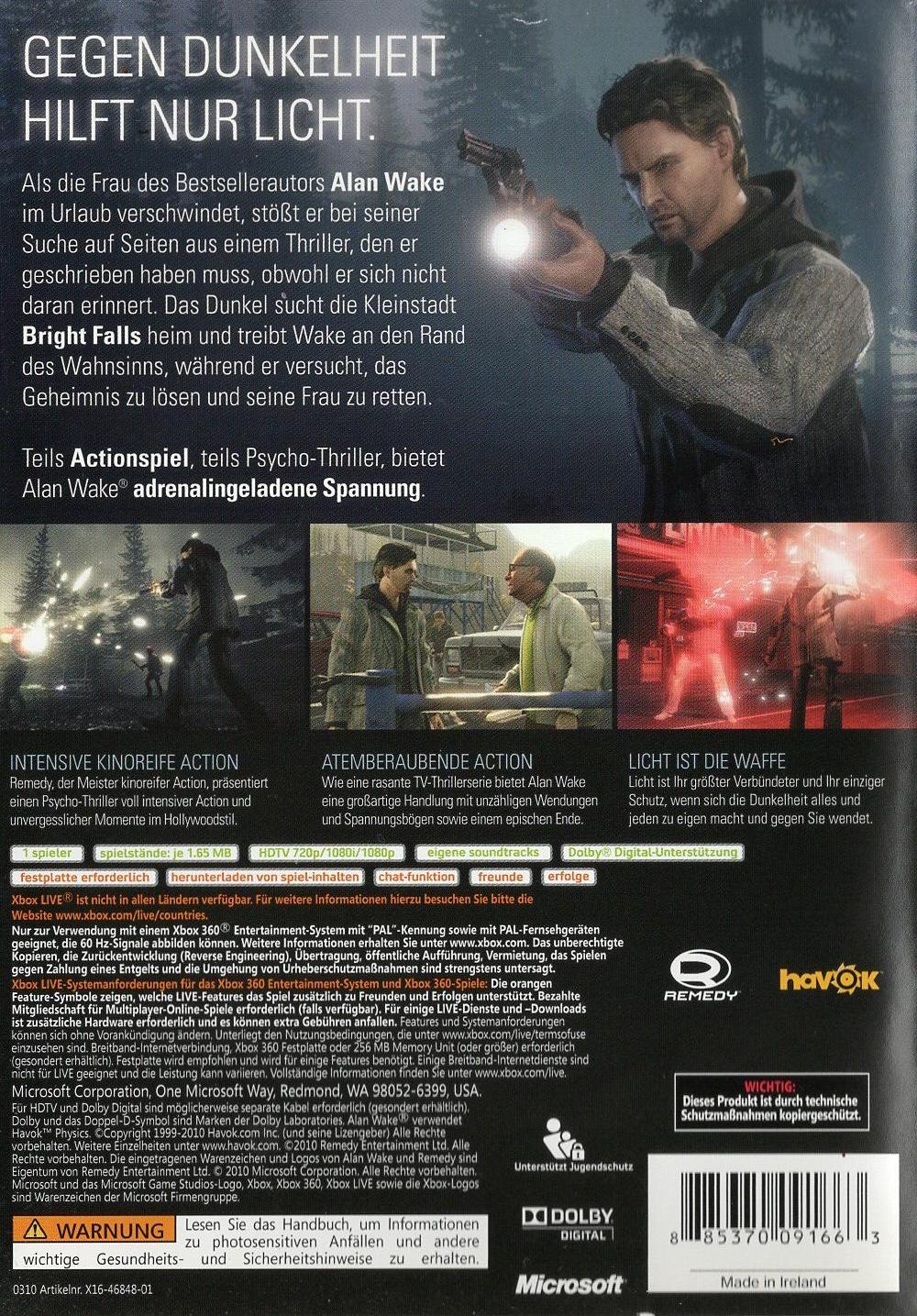 Alan Wake - Xbox 360 Rückseite