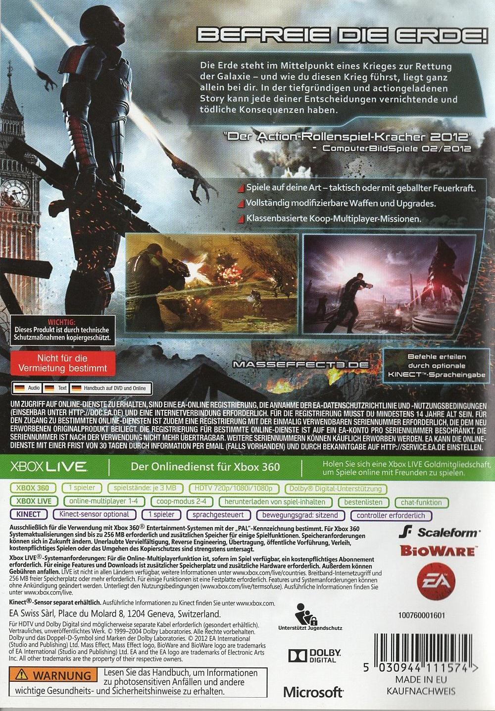 Mass Effect 3 - Xbox 360 Rückseite
