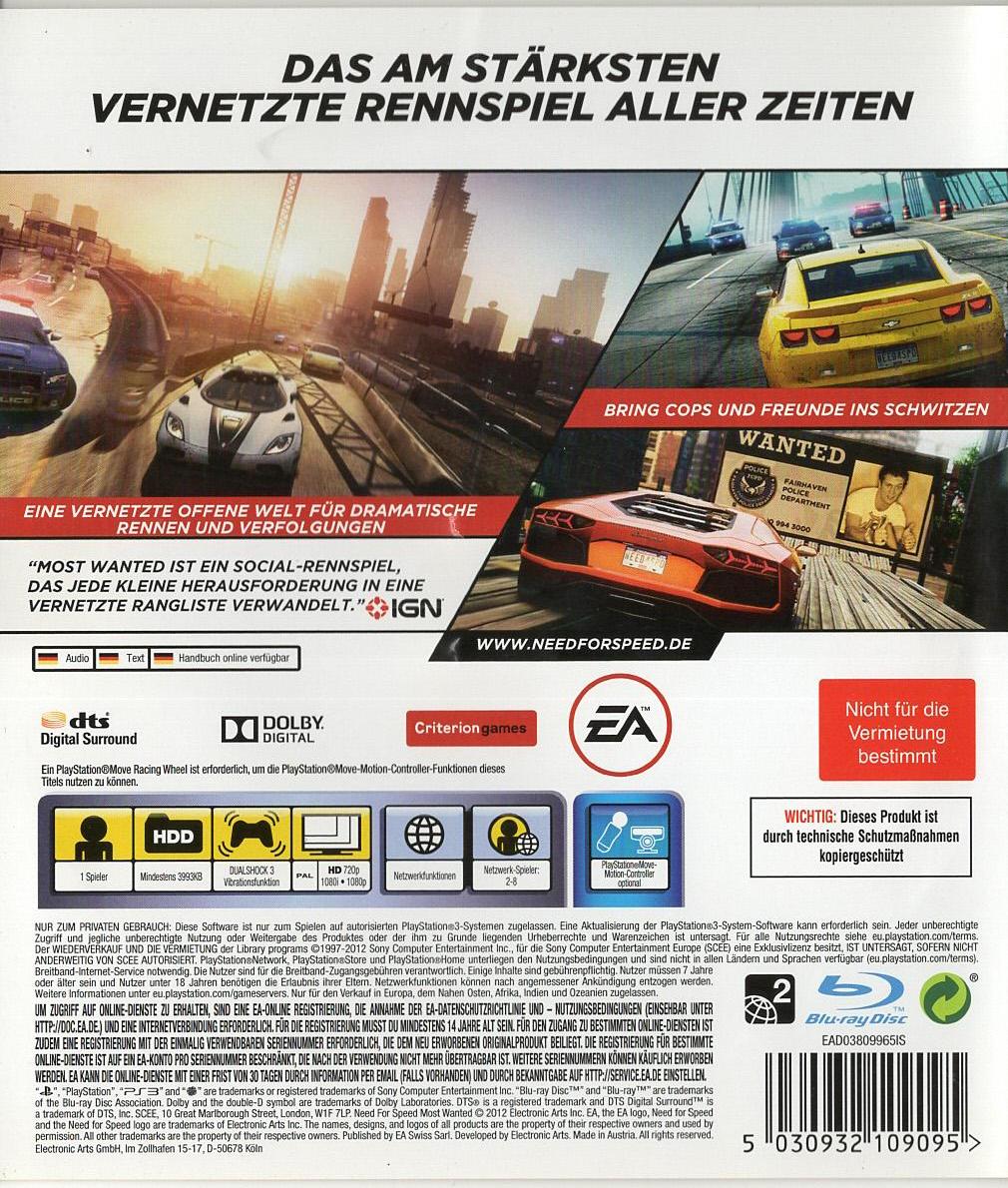 Need for Speed: Most Wanted - PlayStation 3 Rückseite