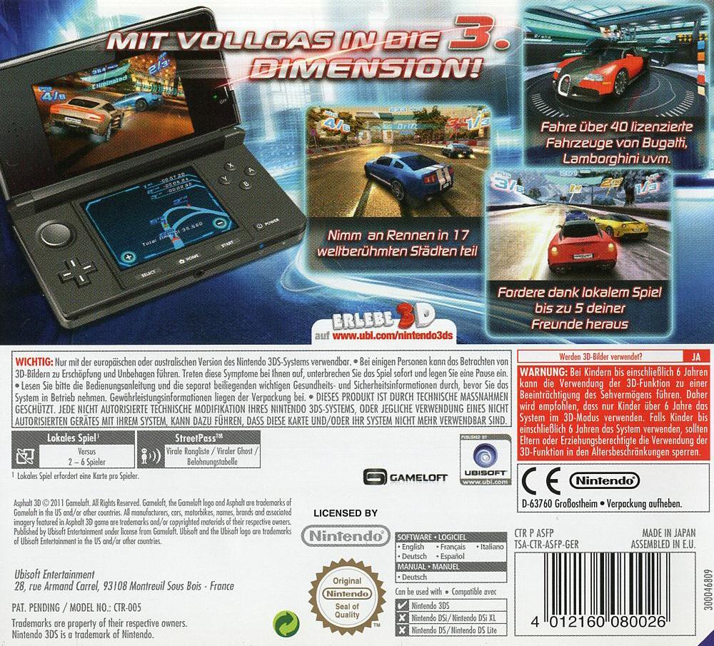 Asphalt 3D - Nintendo 3DS Rückseite