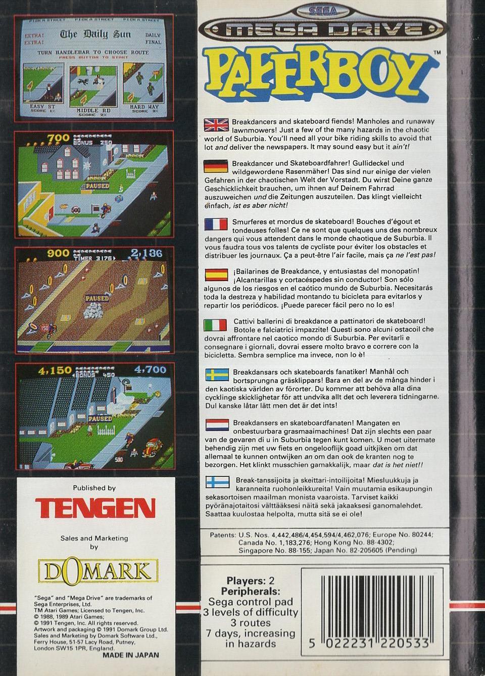 Paperboy - Sega Mega Drive Rückseite