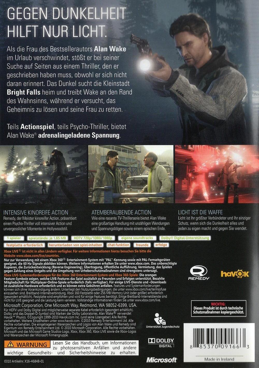 Alan Wake - Xbox 360 Rückseite