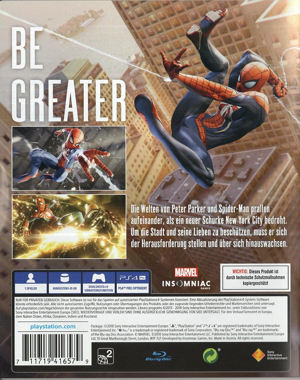 Marvel's Spider-Man - PlayStation 4 Rückseite