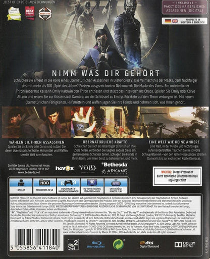 Dishonored 2 - PlayStation 4 Rückseite