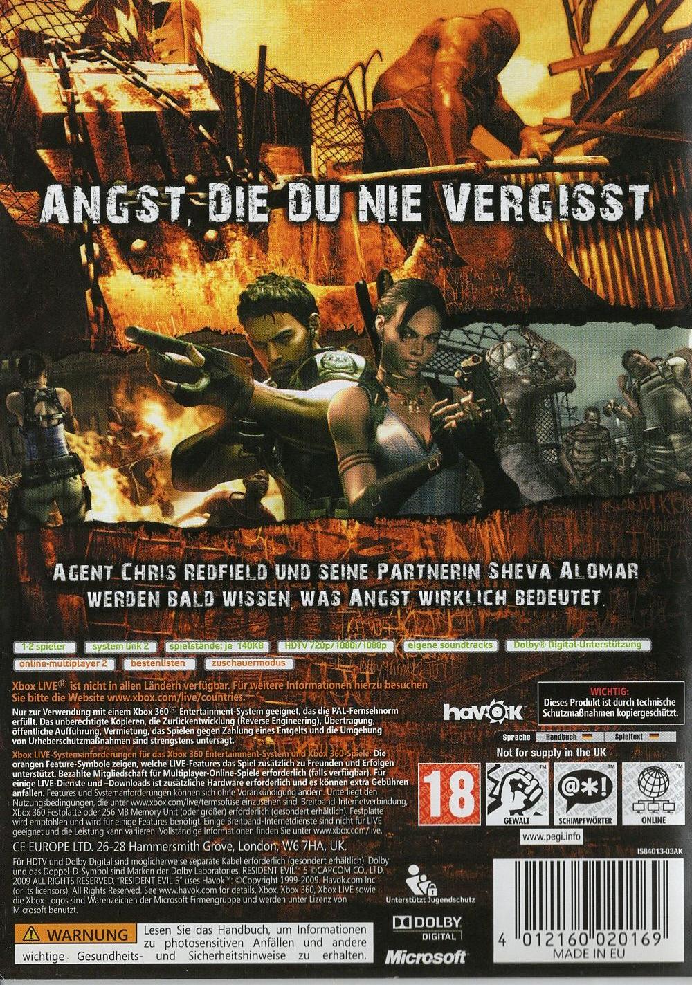Resident Evil 5 - Xbox 360 Rückseite