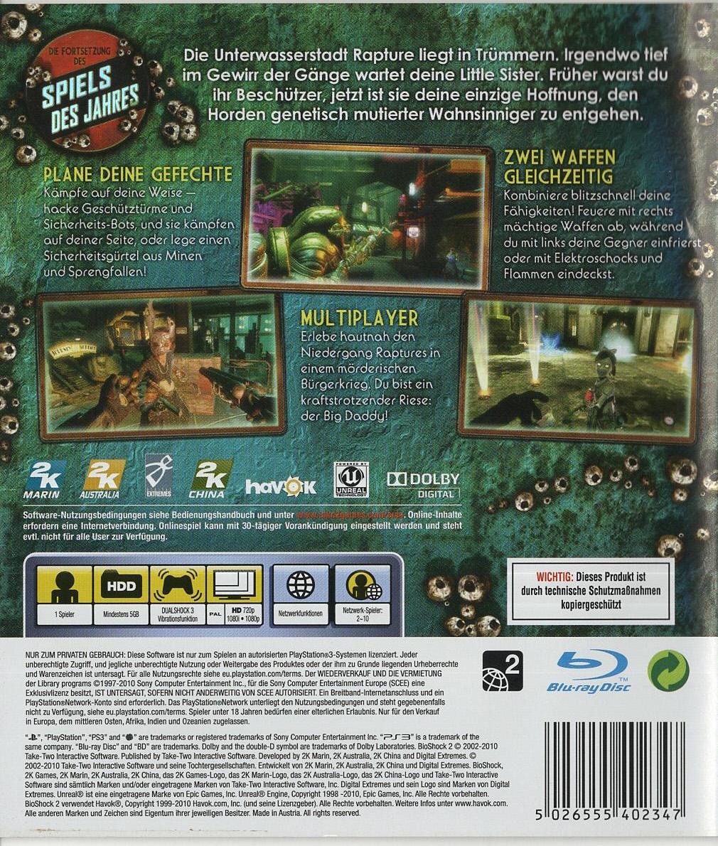 Bioshock 2 - PlayStation 3 Rückseite