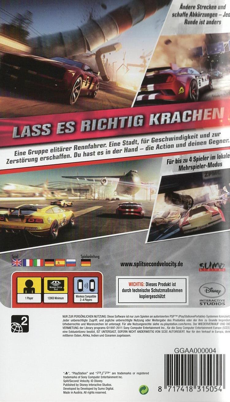 Split/Second: Velocity - PlayStation Portable Rückseite