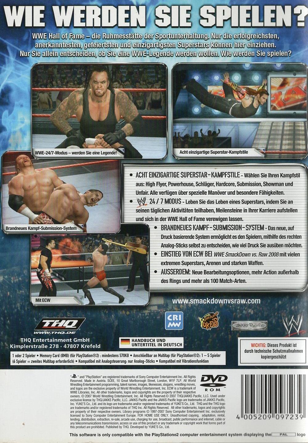 SmackDown vs. Raw 2008 - PlayStation 2 Rückseite