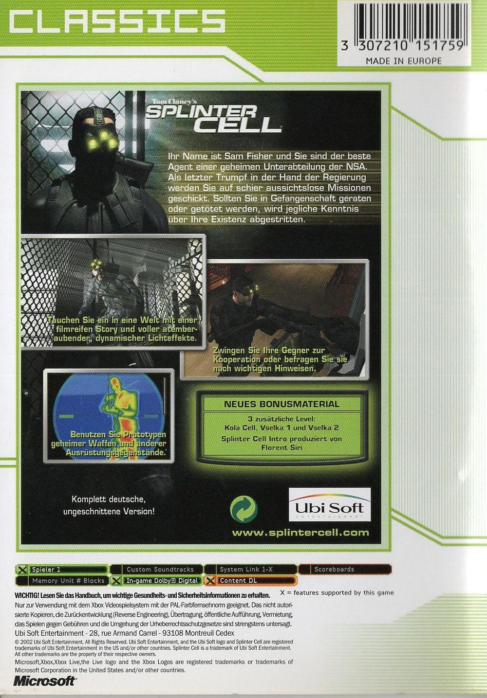 Tom Clancy's Splinter Cell - Xbox Rückseite