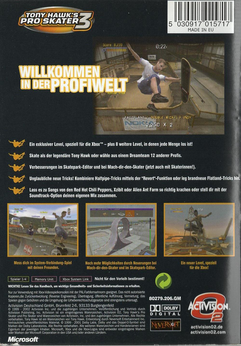 Tony Hawk's Pro Skater 3 - Xbox Rückseite