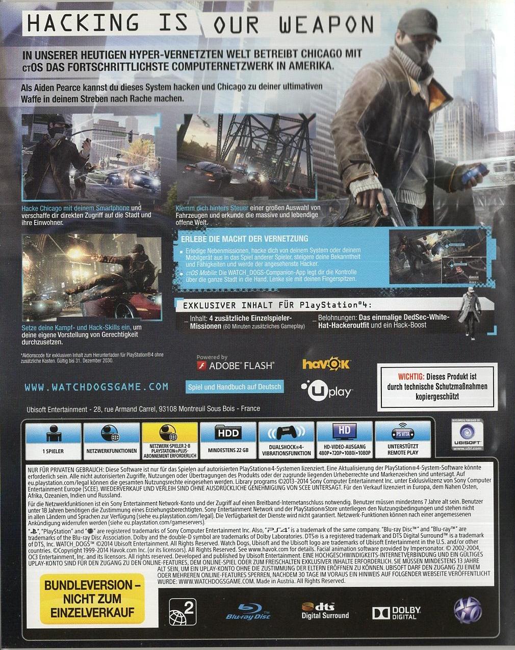 Watch Dogs - PlayStation 4 Rückseite