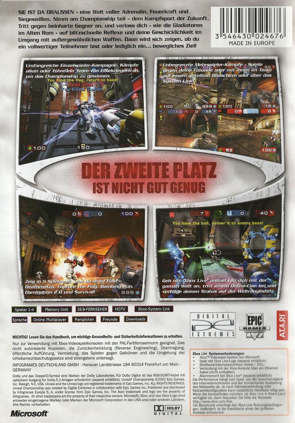 Unreal Championship - Xbox Rückseite