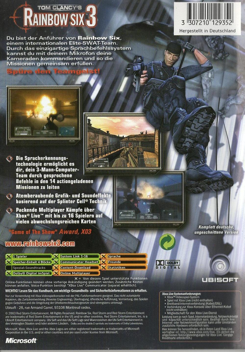 Tom Clancy's Rainbow Six 3 - Xbox Rückseite