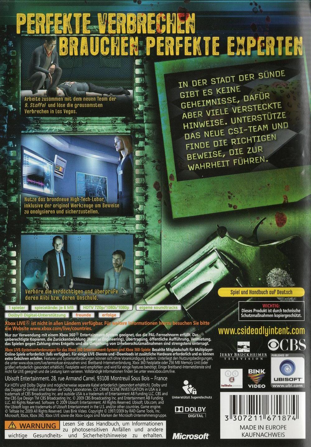 CSI: Crime Scene Investigation: Tödliche Absichten - Xbox 360 Rückseite