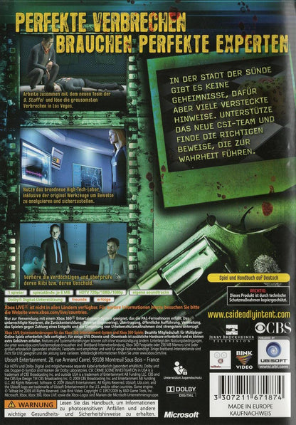 CSI: Crime Scene Investigation: Tödliche Absichten - Xbox 360 Rückseite