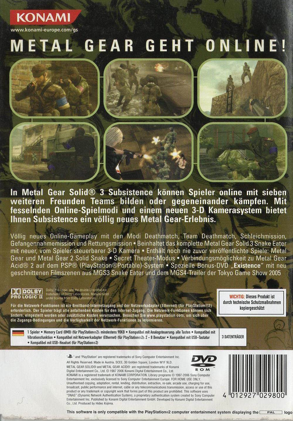 Metal Gear Solid 3: Subsistence - PlayStation 2 Rückseite