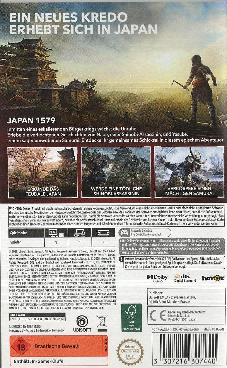 Assassin's Creed Shadows - Nintendo Switch 2 Rückseite